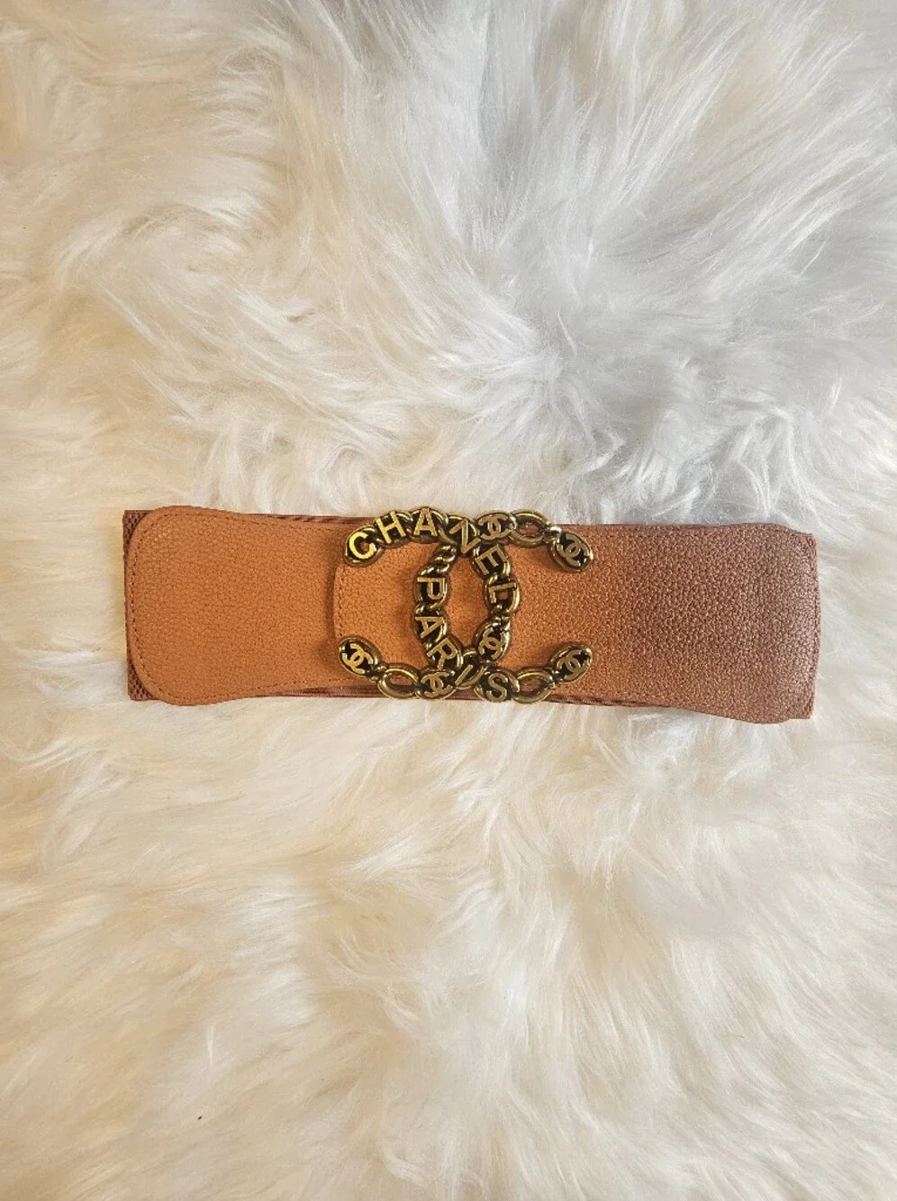 Textured Leather Wide Cinch Belt with Gold Logo Chain